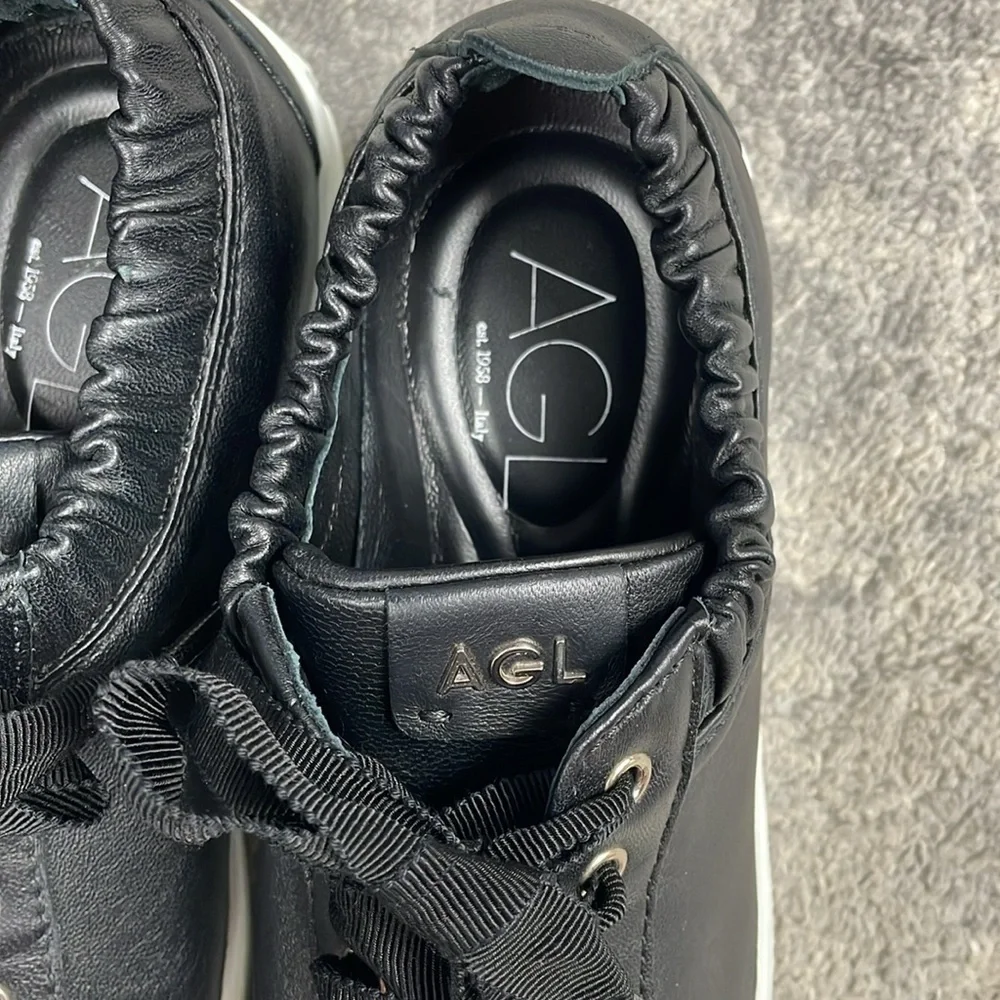 New AGL Suzie Elasticated Opening Sneakers Black Leather Lace Up Sz 36.5